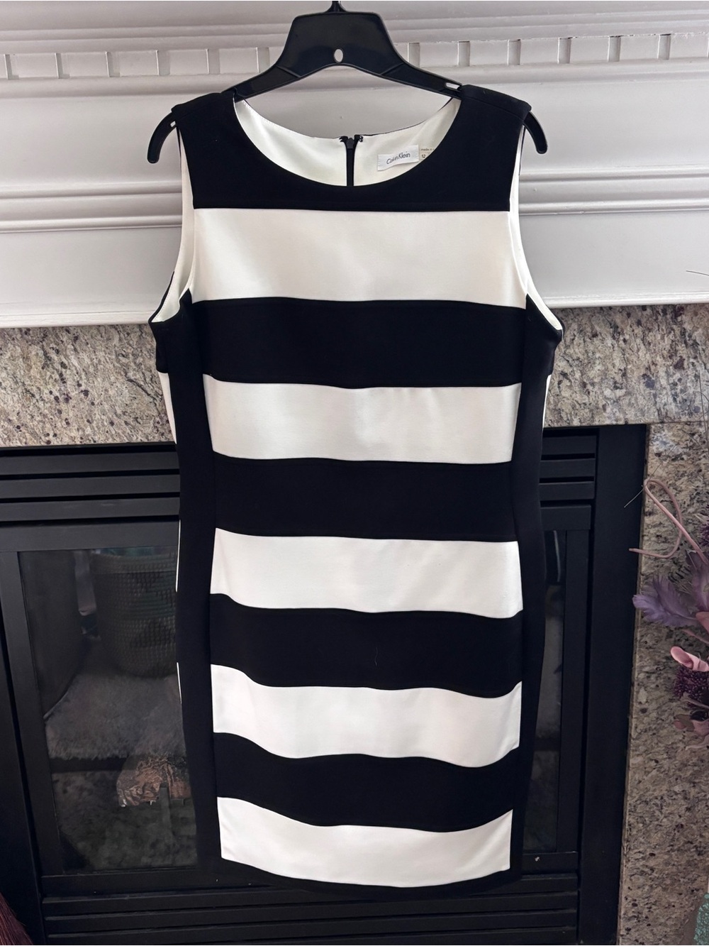 Calvin Klein Black and White Horizontal Stripe Midi Sheath Dress